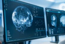 Screens displaying brain scans and data in a medical setting
