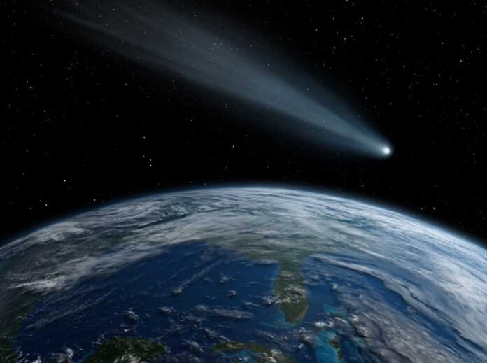 Comet,,Asteroid,,Meteorite,Flying,To,The,Planet,Earth.,Glowing,Asteroid A comet streaking through space above Earth