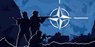 Silhouettes of soldiers with weapons against a blue background featuring the NATO emblem