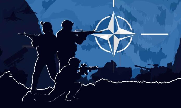 Silhouettes of soldiers with weapons against a blue background featuring the NATO emblem
