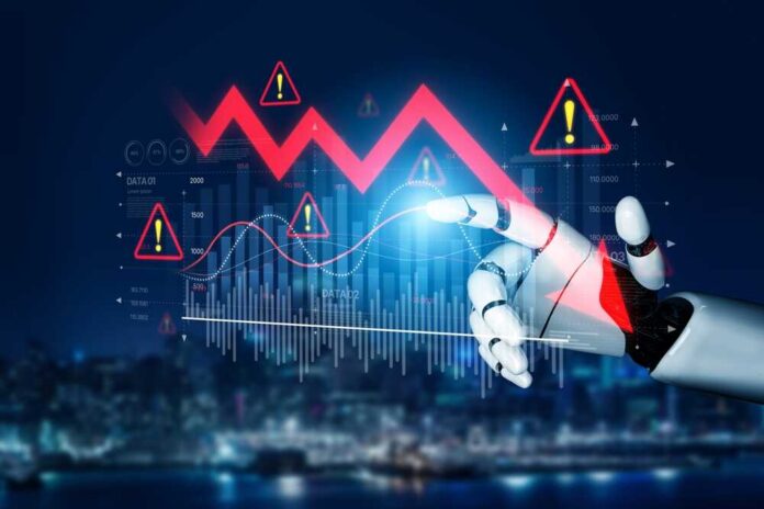 Ai,Visualizes,Economic,Caution,With,Smart,Graphs,,Alert,Icons,,And A robotic hand interacting with digital graphs and warning symbols