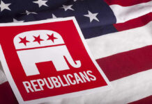 Republican Flip After Shocking Reversal Republican symbol on American flag background.