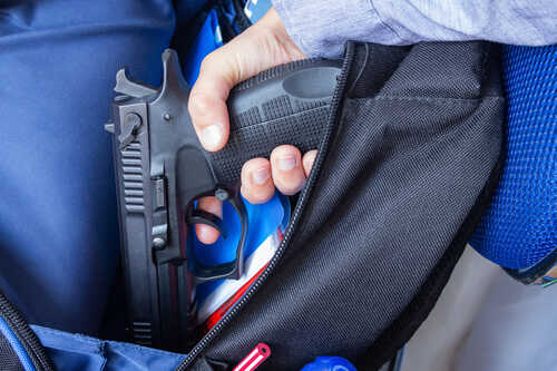 School,Shootings,,Gun,Control,,Bullying,And,Gun,Violence.,Social,Issues A hand holding a gun inside a backpack