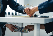 Trump Money-Laundering Flags — or Politics? Businessmen handshake while cash is passed under the table