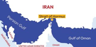 Map highlighting the Strait of Hormuz in the Persian Gulf