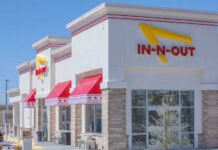 In-N-Out Burger restaurant exterior with red awnings