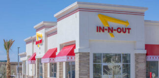 In-N-Out Burger restaurant exterior with red awnings