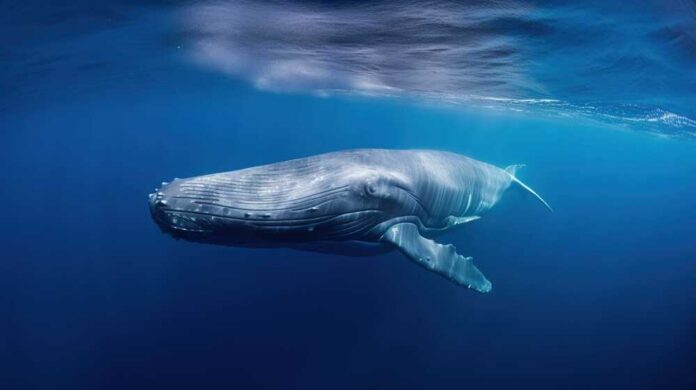 A humpback whale swimming gracefully underwater
