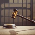 judge's gavel hovering above sound block in front of jail bars