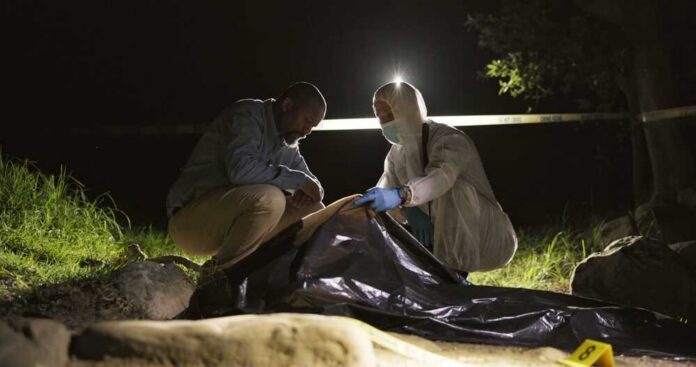 Crime,Scene,,Murder,And,Investigator,Outdoor,With,Forensics,Teamwork,,Analysis forensic team examines a body bag at a nighttime outdoor crime scene