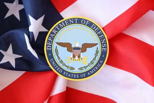 Kyiv,,Ukraine,-,March,9,,2024,Us,Department,Of,Defense Department of Defense emblem on an American flag background