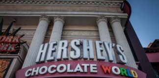 Exterior view of Hershey's Chocolate World storefront with large signage