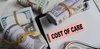 Bundles of cash next to a stethoscope and a note that says 'COST OF CARE'