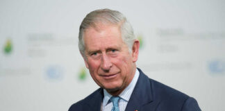 King Charles in a suit and tie smiling.