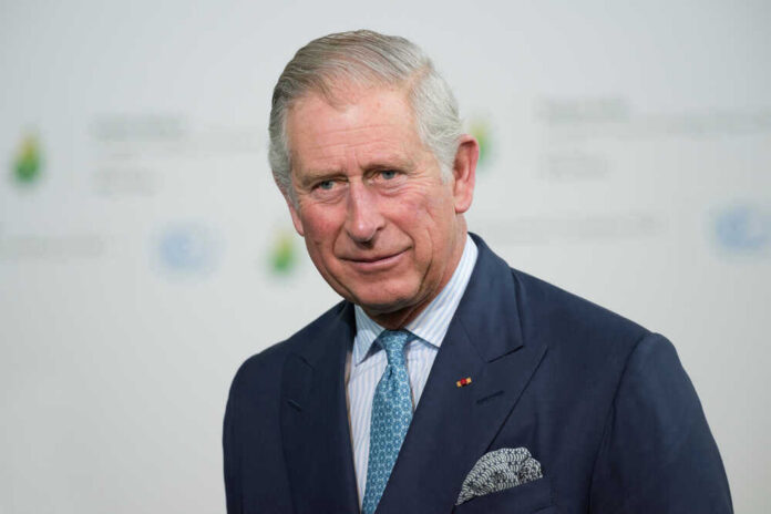 King Charles in a suit and tie smiling.