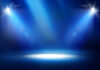 Empty stage with blue spotlights shining down.