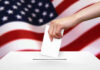 Brutal Election Blowout in Miami Hand dropping ballot into box, American flag background.