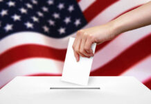 Brutal Election Blowout in Miami Hand dropping ballot into box, American flag background.