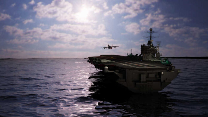 Aircraft,Carrier,Military,Ship,In,Ocean,3d,Rendering Aircraft carrier at sea with jet approaching to land