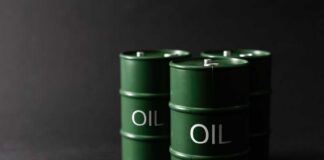 Green oil barrels on a dark background