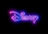 Neon Disney logo glowing against a dark background