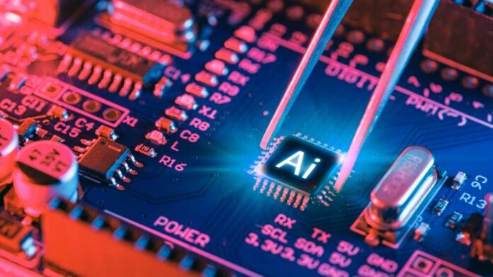 Ai,Chips,,Ai,Microprocessor,,Artificial,Intelligent,Memory,Computer,Processor,On AI microchip on a blue circuit board held by tweezers