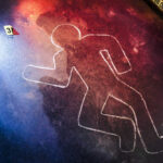 Crime scene chalk outline with numbered evidence markers.